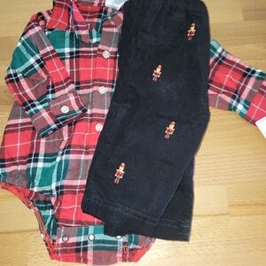 Nwt Boys 0-3 Months Little Me Plaid Onesie & Pants Outfit Christmas Nutcracker